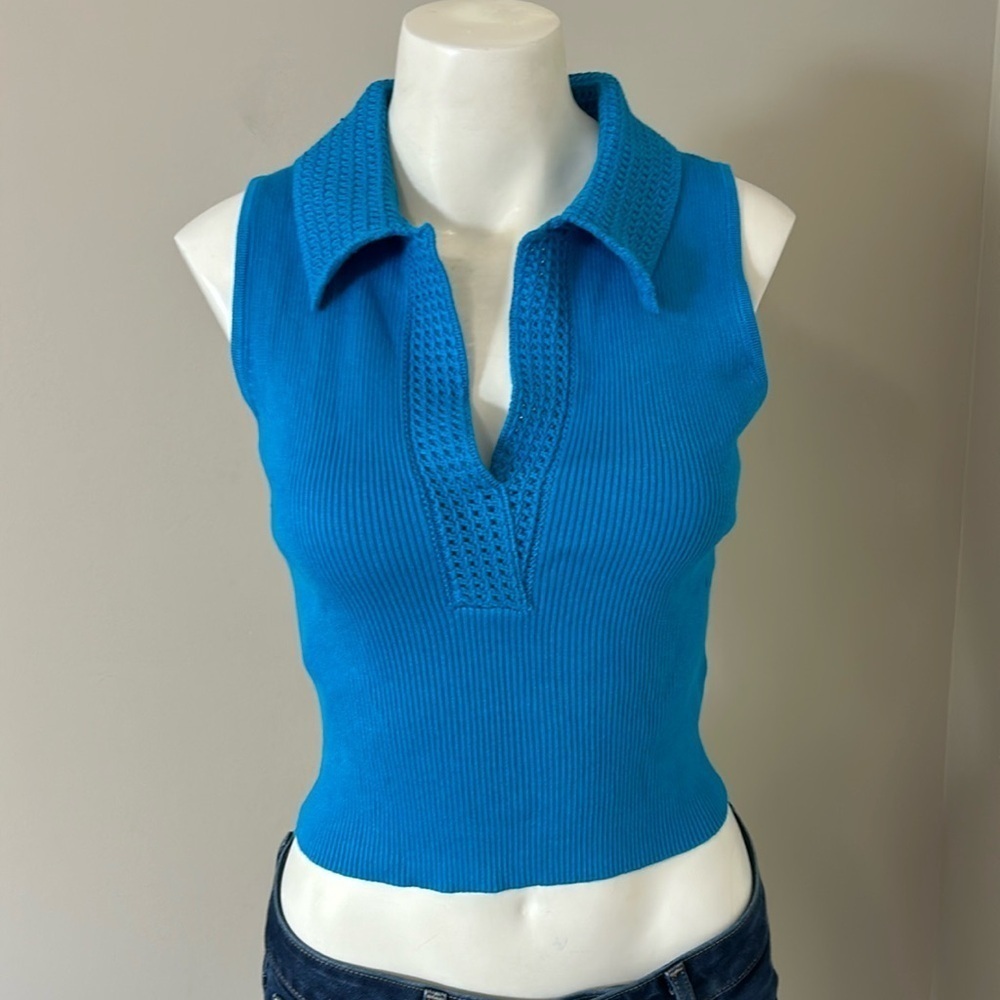 Caroline Constas Knit Blue Ribbed V Neck Crochet Collar Shirt Top NEW Sz M